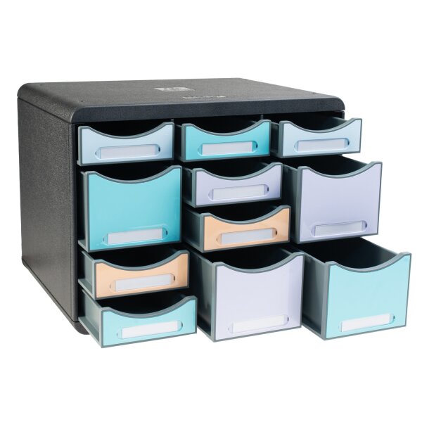 Exacompta Schubladenbox STORE-BOX Multi 11 Schubladen Polystyrol Gehäusefarbe: schwarz Farbe der Schublade: schwarz/pastellfarbig
