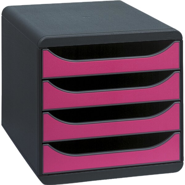 Exacompta Schubladenbox BIG-BOX 4 Schubladen DIN A4, Überbreite Polystyrol Gehäusefarbe: schwarz Farbe der Schublade: himbeerfarben