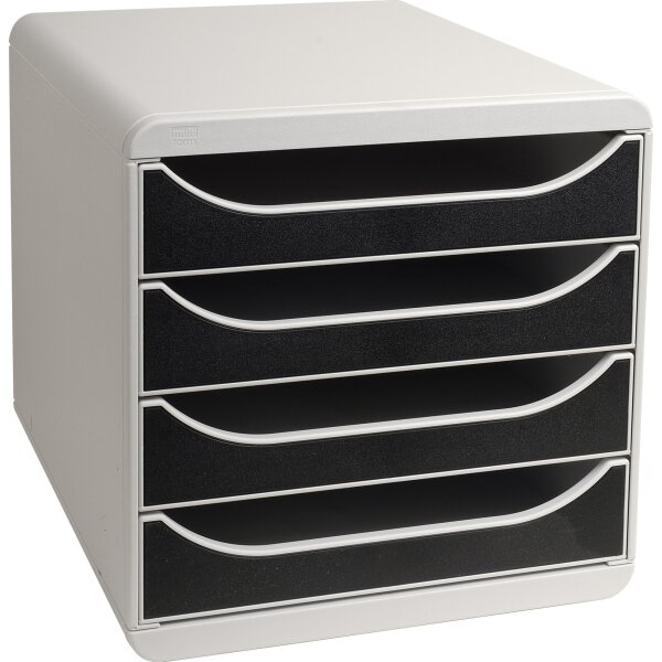 Exacompta Schubladenbox BIG-BOX 4 Schubladen DIN A4, Überbreite Polystyrol Gehäusefarbe: lichtgrau Farbe der Schublade: schwarz