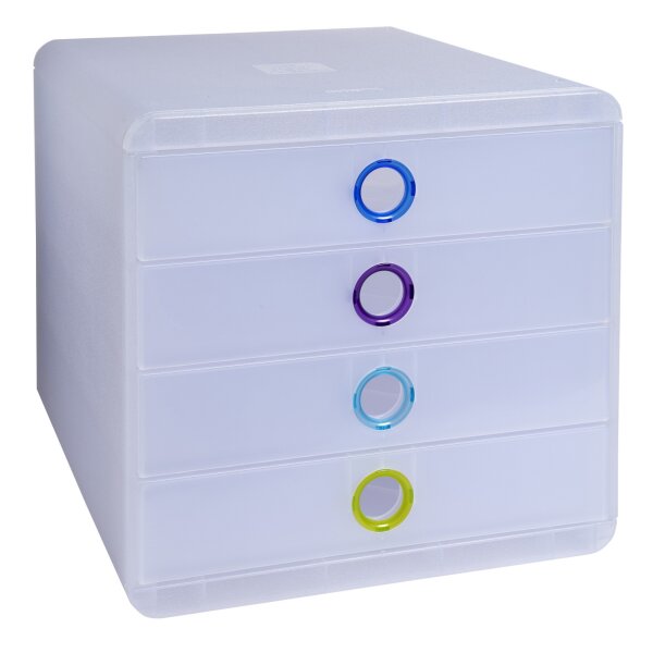 Exacompta Schubladenbox POP-BOX 4 Schubladen DIN A4, Überbreite Polystyrol Gehäusefarbe: transluzent Farbe der Schublade: transluzent/mehrfarbig