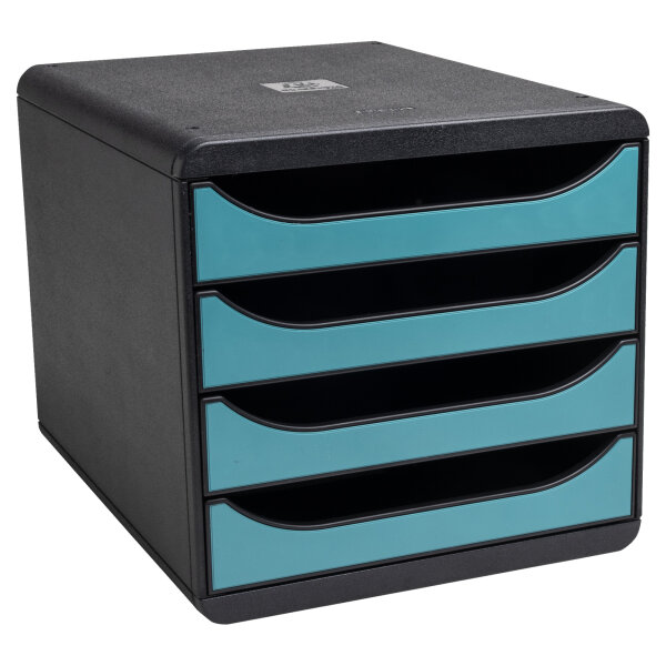 Exacompta Schubladenbox BIG-BOX 4 Schubladen DIN A4, Überbreite Polystyrol Gehäusefarbe: schwarz Farbe der Schublade: pazifikblau