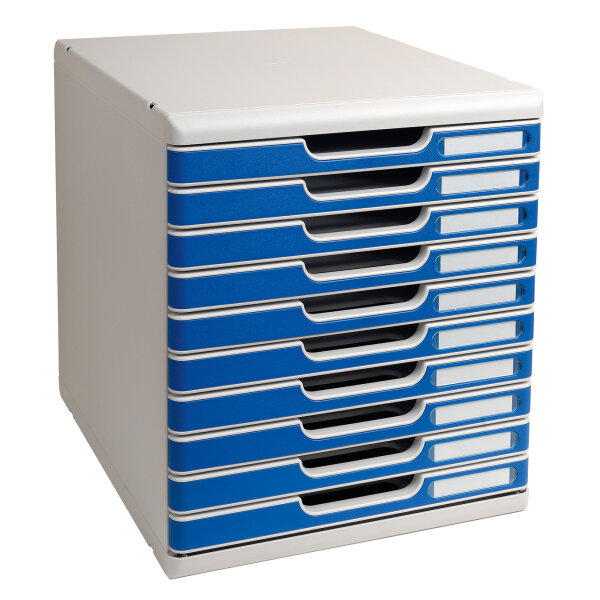 Exacompta Schubladenbox MODULO 10 Schubladen DIN A4+ Polystyrol Gehäusefarbe: lichtgrau Farbe der Schublade: blau