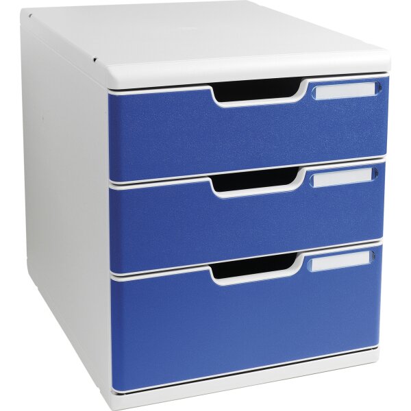 Exacompta Schubladenbox MODULO 3 Schubladen DIN A4+ Polystyrol Gehäusefarbe: lichtgrau Farbe der Schublade: blau