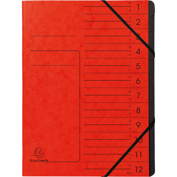 Exacompta Ordnungsmappe DIN A4 170g/m² Colorspankarton Farbe: rot Farbe des Fächerblocks: schwarz 12 Fächer