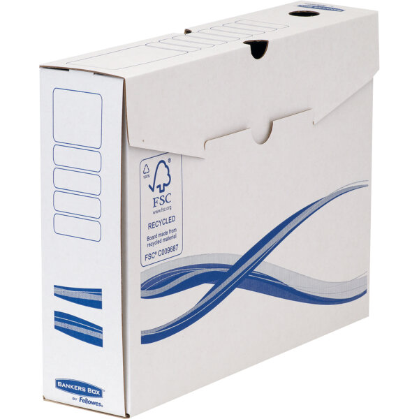 Bankers Box® Archivschachtel Basic 8 x 25,5 x 34 cm (B x H x T) DIN A4, DIN A4 Überbreite mit Archivdruck Karton weiß/blau 25 St./Pack.