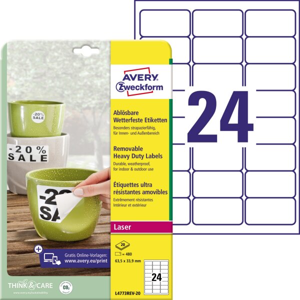Avery Zweckform Folienetikett 63,5 x 33,9 mm (B x H) weiß 480 Etik./Pack.