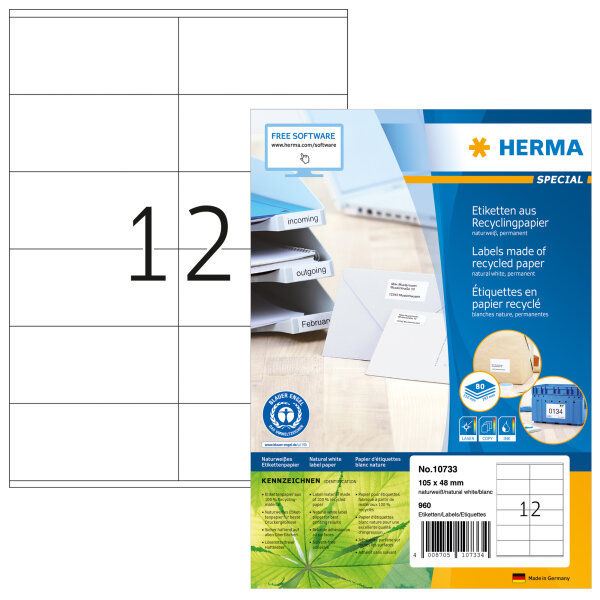 HERMA Universaletikett Recycling 105 x 48 mm (B x H) nicht wieder ablösbar Papier, 100 % recycelt naturweiß 960 Etik./Pack.