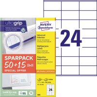 Avery Zweckform Universaletikett ultragrip SPARPACK 50 + 15 Blatt 70 x 36 mm (B x H) nicht wieder ablösbar Papier weiß 1.560 Etik./Pack.