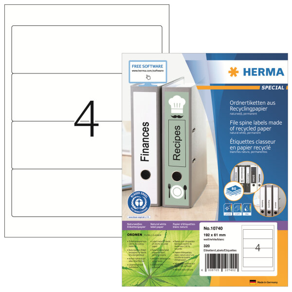 HERMA Ordnerrückenetikett breit/kurz 61 x 192 mm (B x H) selbstklebend ohne Griffloch naturweiß 320 Etik./Pack.