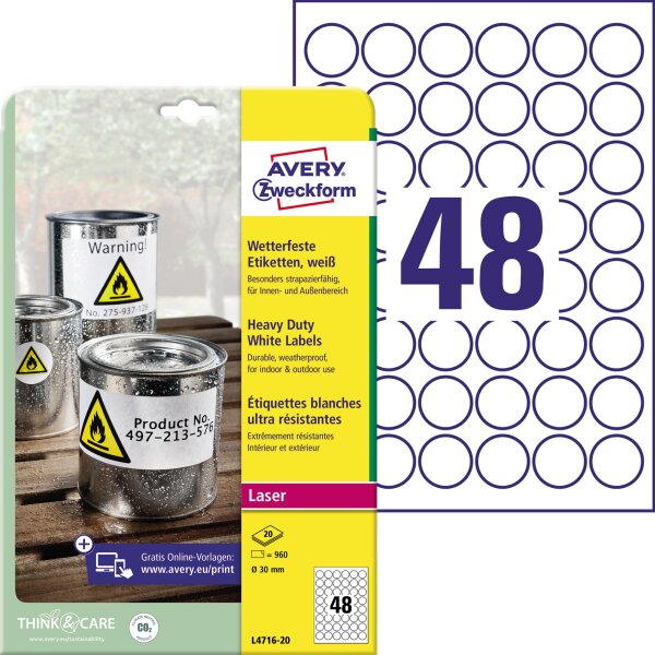 Avery Zweckform Folienetikett 30mm weiß 960 Etik./Pack.
