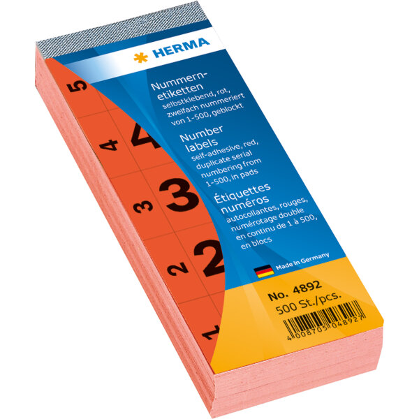 HERMA Nummernetikett 28 x 56 mm (B x H) doppelt Papier rot 1-500 500 Etik./Pack.