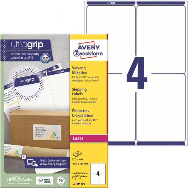 Avery Zweckform Adressetikett ultragrip 99,1 x 139 mm (B x H) Papier weiß 400 Etik./Pack.