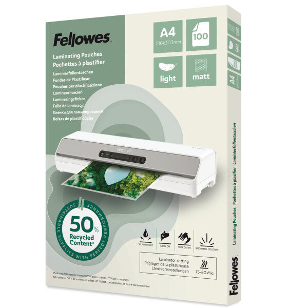 Fellowes® Laminierfolie 216 x 303 mm (B x H) DIN A4 70µm matt 100 St./Pack.