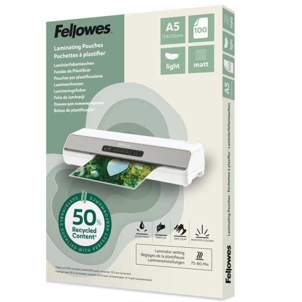 Fellowes® Laminierfolie 154 x 216 mm (B x H) DIN A5 70µm matt 100 St./Pack.
