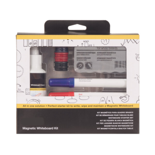 Starterset Whiteboard Kit 4 trocken abwischbare Marker (schwarz, rot, grün, blau), 6 Magnete Ø 25mm (2 x blau, 2 x rot, 2 x schwarz), 1 leichter magnetischer Löscher, 1 Reinigungsspray (125 ml)