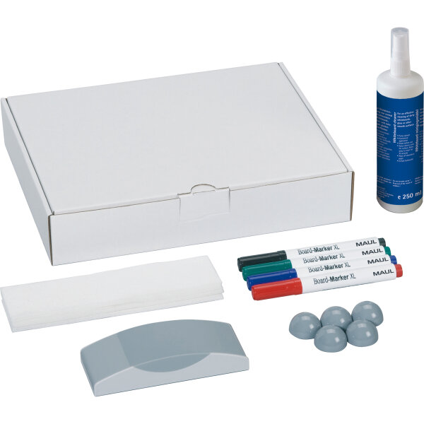 MAUL Starterset Whiteboard 4 Boardmarker (schwarz, rot, blau, grün), 1 Tafelwischer, 10 Blatt Tafelwischer-Vlies, 1 Flasche Whiteboardreiniger 125 ml, 5 graue Kugelmagnete Ø 30 mm
