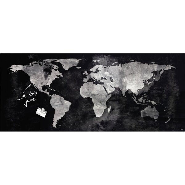 SIGEL Glasboard Artverum 130 x 55 x 1,5 cm (B x H x T) Tafel magnethaftend inkl. 2 extra starke SuperDym-Magnete Sicherheitsglas design World-Map