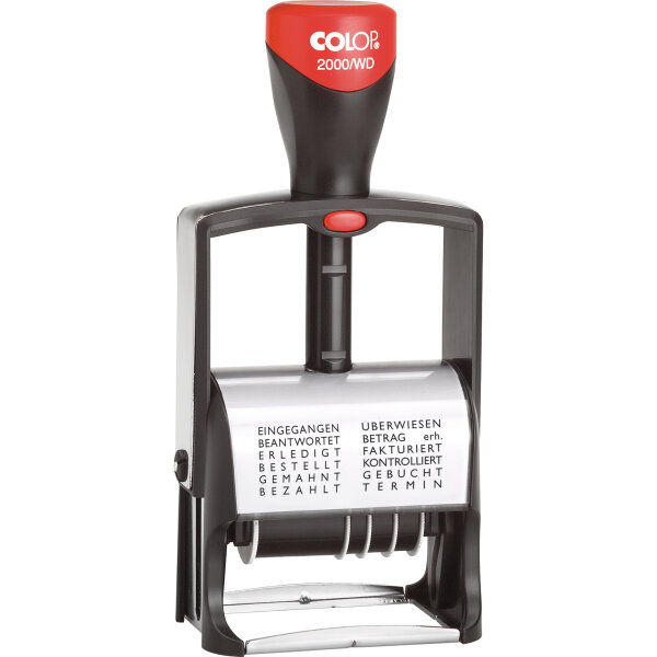 COLOP® Datumstempel 2000 WD 43 x 4 mm (B x H) EINGEGANGEN, BEANTWORTET, ERLEDIGT, BESTELLT, GEMAHNT, BEZAHLT, ÜBERWIESEN, BETRAG erh., FAKTURIERT, KONTROLLIERT, GEBUCHT, TERMIN 1 Druckzeile schwarz