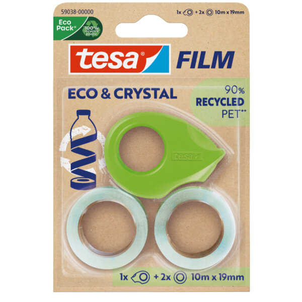 tesa® Klebefilm CRYSTAL RECYCLED 19 mm x 10 m (B x L) einseitig klebend ohne Lösungsmittel inkl. Handabroller aus Plastik Acrylat transparent 2 St./Pack.