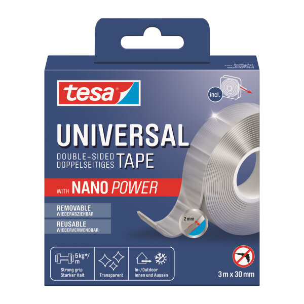 tesa® Montageklebeband Universal Nano Power Innenbereich, Außenbereich 30 mm x 3 m (B x L) 5kg beidseitig klebend transparent