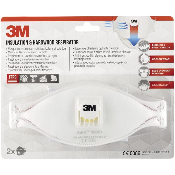 3M Atemschutzmaske Aura™ 9332+ Einweg FFP3 EN 149:2001 + A1:2009 2 St./Pack.