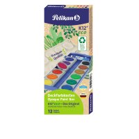 Pelikan Farbkasten K12® eco 12 Farben schwarz, magentarot, zinnoberrot, gelb, orange, ockergelb, violett, ultramarinblau, cyanblau, blaugrün, gelbgrün, gebrannt siena