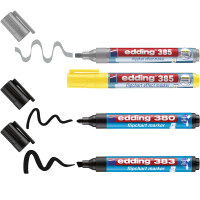 edding Schreibgeräteset Highlighting & Shading Set 2 x Flipchartmarker 385 effect gelb, silbergrau 1-5 mm, je 1 x Flipchartmarker 380 schwarz 1,5-3 mm, Flipchartmarker 383 schwarz 1-5 mm farbig sortiert 4 St./Pack.
