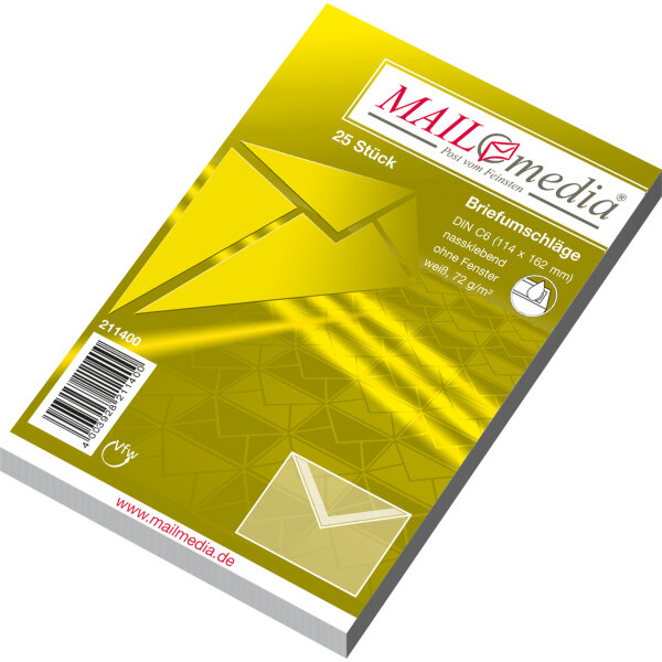 MAILmedia Briefumschläge DIN C6 162 x 114 mm (B x H) mit gummierter Klappe ohne Fenster 72g/m² weiß 25 St./Pack.