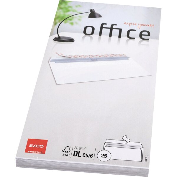 ELCO Briefumschläge Office DIN lang+ 229 x 114 mm (B x H) mit Haftklebung ohne Fenster 80g/m² hochweiß 25 St./Pack.