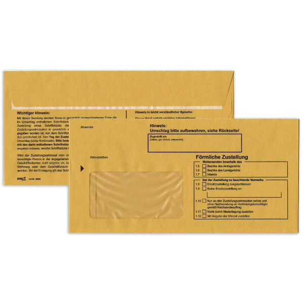 RNK Verlag Zustellungsumschlag DIN lang 220 x 110 mm (B x H) mit Fenster mit Haftklebung Papier, 100 % recycelt gelb Förmliche Zustellung