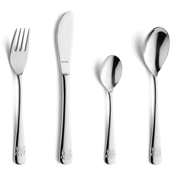 Amefa Besteckgarnitur Mehrweg je 1 x Messer, Gabel, Löffel, Dessertlöffel Edelstahl 18/10, poliert silber TEDDY BEAR