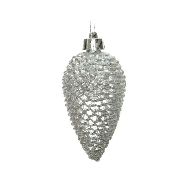 Christbaumschmuck Zapfen Maße: 4,5 x 8 cm (Ø x H) Material: Polystyrol Farbe: silber 6 St./Pack.