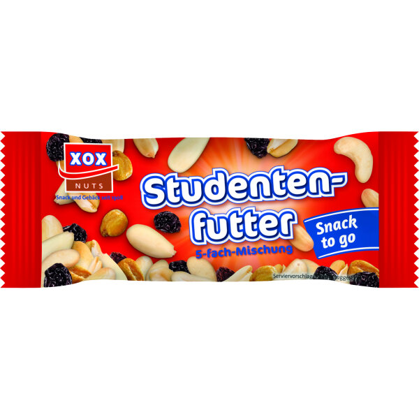 XOX Studentenfutter geröstete Erdnüsse, blanchierte Mandeln, Cashewkerne, Weinbeeren, frittierte Maiskörner 20 x 50 g/Pack.
