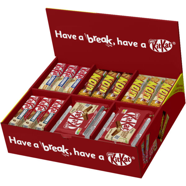 KitKat® Schokoriegel Topseller Box 12 x KitKat Chunky White 40 g, 12 x KitKat Chunky Classic 40 g, 22 x KitKat Classic 41,5 g, 9 x Lion Classic 42 g, 9 x Lion White 42 g 64 St./Pack.