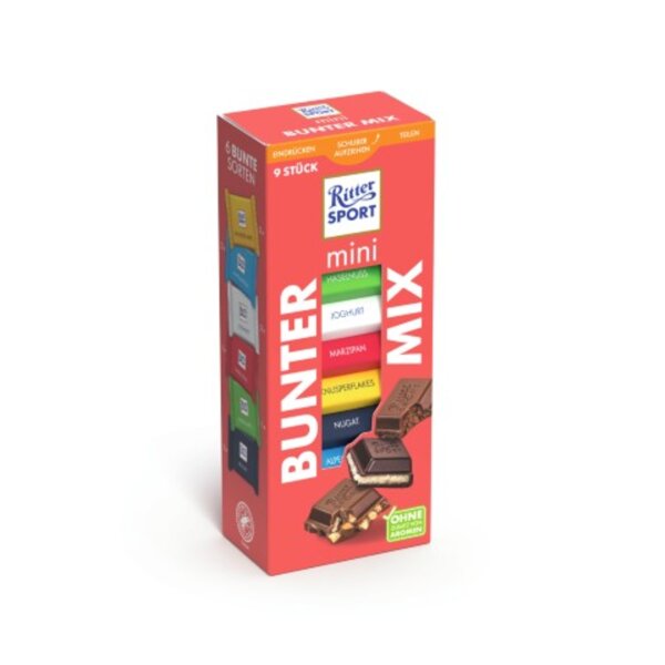 Ritter Sport Schokolade Mini Bunter Mix Haselnuss, Marzipan, Nugat, Vollmilch, Joghurt, Knusperflakes, Knusperkeks 150 g/Pack.