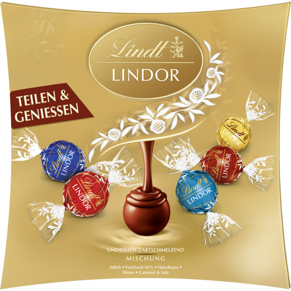 Lindt Pralinen LINDOR Schokokugeln Sharing Box Milchschokolade, Feinherb, Caramel & Salz, Weiße Schokolade, Haselnuss 250 g/Pack.