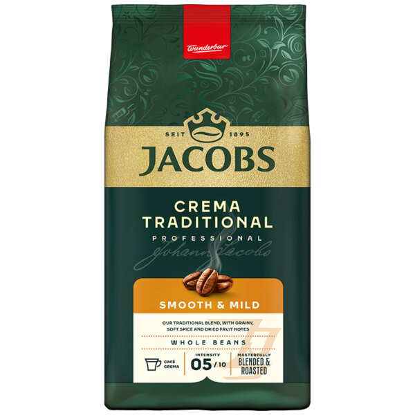 JACOBS Kaffee Crema Traditional getreidig, würzig, fruchtig ganze Bohne 1.000 g/Pack.