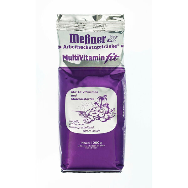 Instanttee Arbeitsschutzgetränk® Multi Vitamin fit ergibt 10 Liter, bei einem Mischverhältnis von 1:10 1.000 g/Pack.