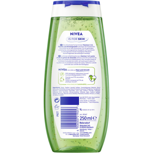 NIVEA Duschgel Lemongrass & Oil Zitronengras Flasche Kunststoff; 97 % recycelt 0,25l