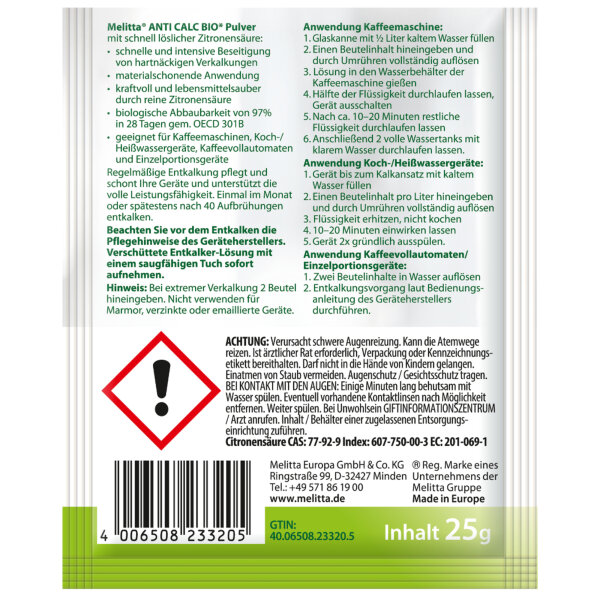 Melitta Entkalker Anti Calc Bio Powder Pulver 2,2 Beutel 2 x 25 g/Pack.