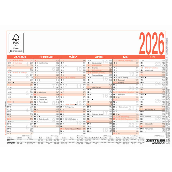 ZETTLER Tafelkalender 900 2026 6 Monate/1 Seite DIN A6 Mondphasen, Ferientermine Karton