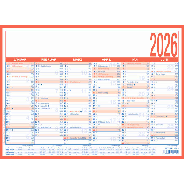 ZETTLER Tafelkalender 2026 6 Monate/1 Seite 29 x 21 cm (B x H) Pappe, kaschiert