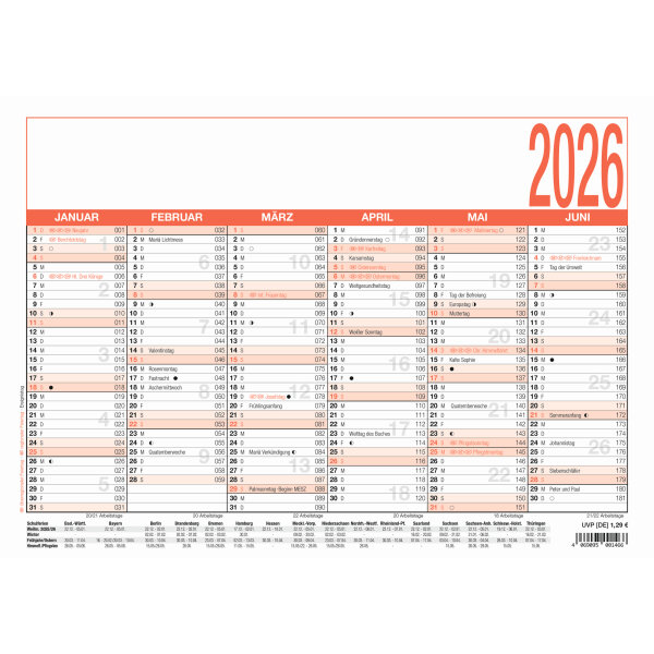 ZETTLER Tafelkalender 907 2026 6 Monate/1 Seite DIN A4 29,7 x 21 cm (B x H) Ferientermine Karton