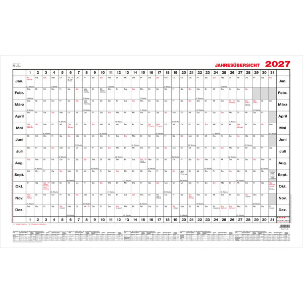 GÜSS® Plakatkalender 2027 140 x 84 cm (B x H) 12 Monate/1 Seite Karton