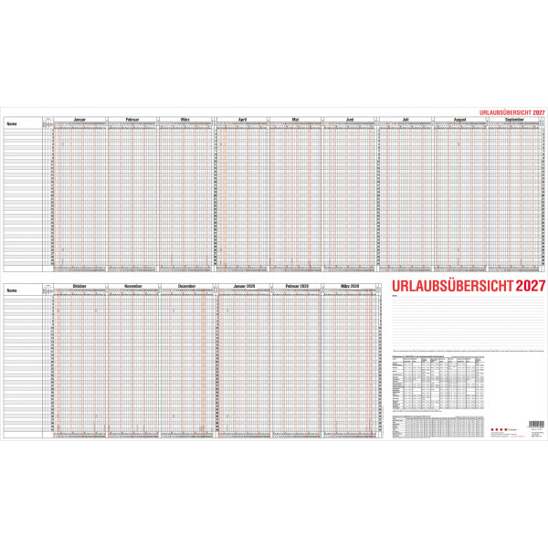 GÜSS® Urlaubsübersicht 2027 98,5 x 60 cm (B x H) Karton schwarz/rot