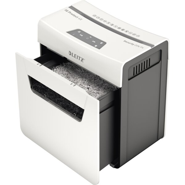 Leitz Aktenvernichter IQ 6X Protect Premium P-4 Papier, Heftklammern, Büroklammern Partikelschnitt weiß