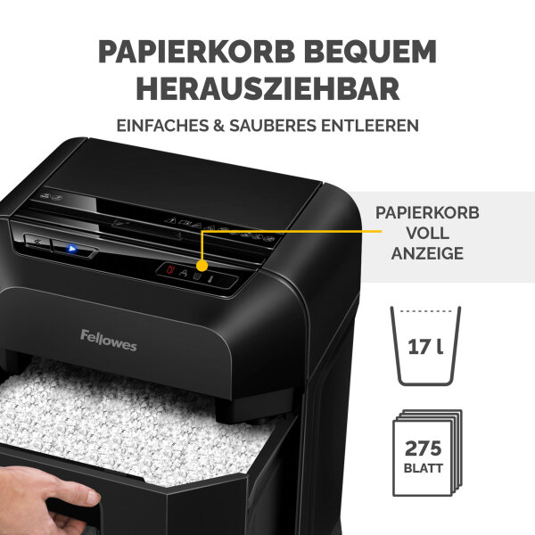 Fellowes® Aktenvernichter AutoMax™ 80M P-4 Papier, Heftklammern, Büroklammern, Kreditkarten Partikelschnitt 8 Bl. manuell, 80 Bl. automatisch schwarz