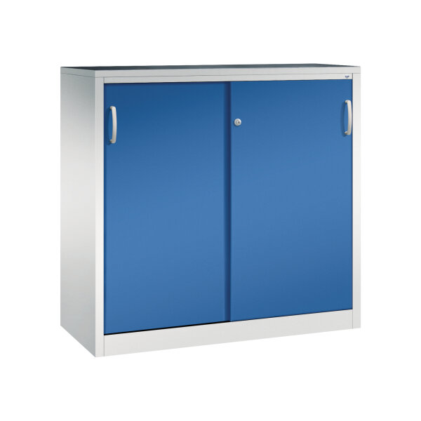 C+P Schiebetürenschrank Acurado 1.200 x 1.200 x 500 mm (B x H x T) 2 Fachböden Stahl, lackiert Farbe der Front: enzianblau Farbe des Korpus: lichtgrau