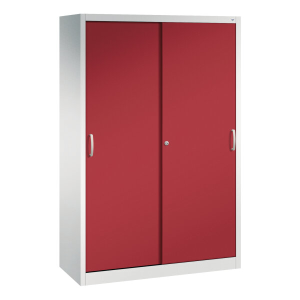 C+P Schiebetürenschrank Acurado 1.200 x 1.950 x 500 mm (B x H x T) 4 Fachböden Stahl, lackiert Farbe der Front: rubinrot Farbe des Korpus: lichtgrau