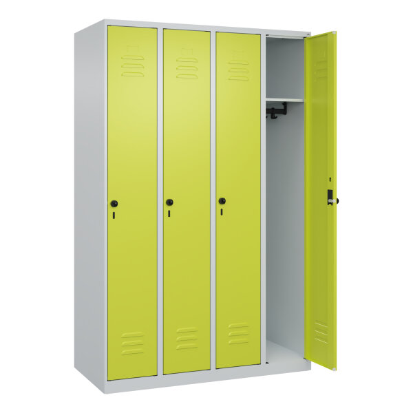 C+P Kleiderspind Classic PLUS 1.200 x 1.850 x 500 mm (B x H x T) 4 Abteile Stahl Farbe der Front: clowngrün Farbe des Korpus: lichtgrau